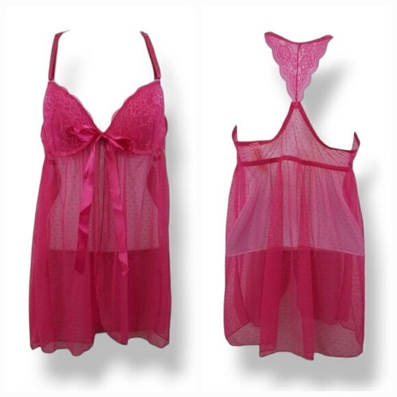 Jessica Simpson Babydoll Pink Mesh & Lace Racerback Nightie Size Medium - Picture 1 of 13